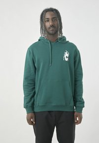 Green cotton hoodie featuring a kangaroo pocket, drawstring hood, and a white graphic on the left chest area. Medium thickness fabric.