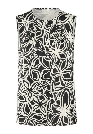 Bezrukává košile s černobílým květinovým vzorem, s kulatým výstřihem, detailním skladem a lehkou texturou látky.