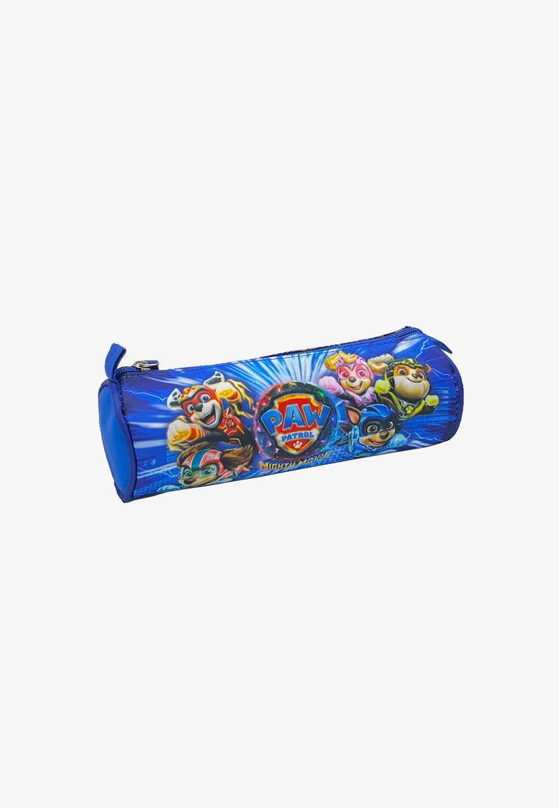 Astuccio cilindrico blu decorato con personaggi dei PAW Patrol su uno sfondo blu vivace, con finitura testurizzata e chiusura a zip.