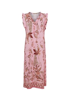 Pink ærmeløs midi-kjole med blomster- og fuglemønstre, flæseærmer og V-udskæring med knapper foran.