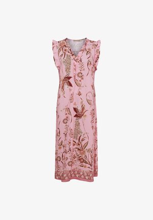 Pink ærmeløs midi-kjole med blomster- og fuglemønstre, flæseærmer og V-udskæring med knapper foran.