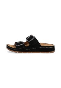 Black suede slide sandal with two adjustable buckles, featuring a light brown sole and visible stitching details.