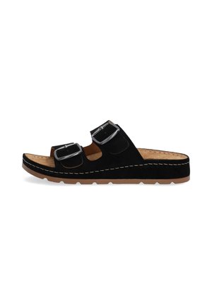 Black suede slide sandal with two adjustable buckles, featuring a light brown sole and visible stitching details.