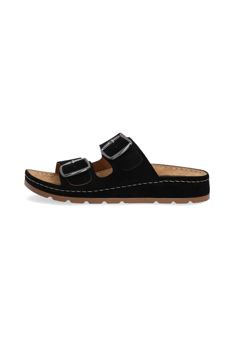 Black suede slide sandal with two adjustable buckles, featuring a light brown sole and visible stitching details.