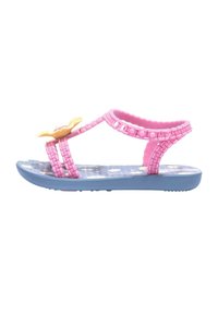 Sandali rosa con motivo floreale, cinturini testurizzati e dettaglio a forma di fiore giallo di lato. Suola blu flessibile e cinturini regolabili.