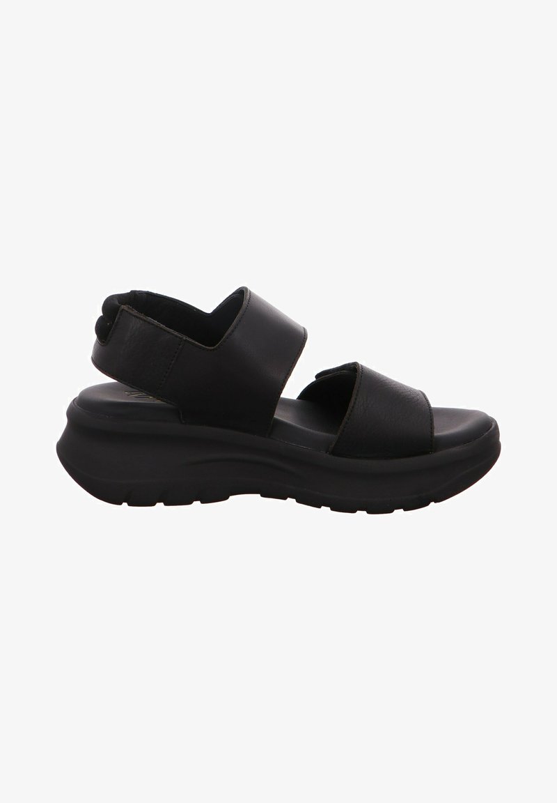 Sandalias de cuero negras con una suela gruesa y acolchada. El diseño presenta dos correas amplias a lo largo del pie y un talón abierto. Textura suave.