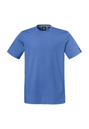 Einfarbiges blaues T-Shirt mit kurzen Ärmeln, Rundhalsausschnitt, einem kleinen schwarzen Logoschild am linken Ärmel und einem inneren Nackenetikett.