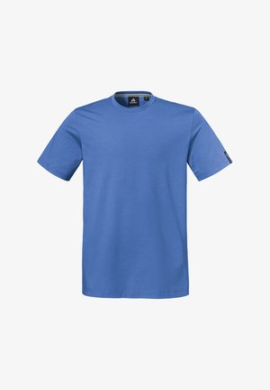 Einfarbiges blaues T-Shirt mit kurzen Ärmeln, Rundhalsausschnitt, einem kleinen schwarzen Logoschild am linken Ärmel und einem inneren Nackenetikett.