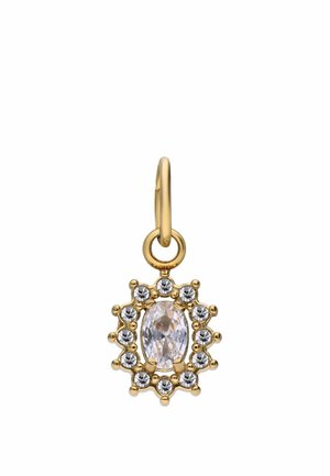 Gouden hanger met een ovale heldere centrale edelsteen omgeven door kleinere ronde heldere stenen in een bloemmotief.