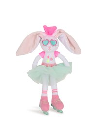 Λούτρινο λαγουδάκι με μεγάλα, ανοιχτ όχρωμα ροζ αυτιά, γαλάζια γυαλιά ηλίου σε σχήμα καρδιάς, ροζ μπλουζάκι, μίντ τούτου και πατίνια με ροζ διακοσμητικά στοιχεία.
