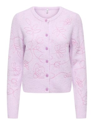 Lila kardigan na knoflíky s dlouhými rukávy a jemnou růžovou květinovou výšivkou po celé látce.
