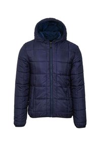 Giacca puffer di colore blu navy con cappuccio, motivo trapuntato, chiusura con cerniera frontale e polsini elasticizzati. Materiale liscio e lucido.