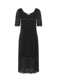 Musta pitsimekko lyhyillä hihoilla, pyöreällä kaula-aukolta, kukkakuviolla ja aaltoilevalla helman reunalla. Osittain läpinäkyvä rakenne kauttaaltaan.