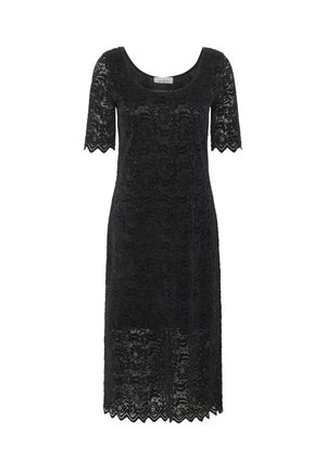Fekete csipkés ruha rövid ujjal, kerek nyakkivágással, virágmintával és fodros aljjal. Félig átlátszó anyag az egész részen.