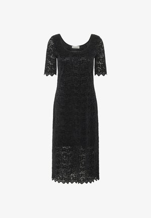 Czarna sukienka z koronką, z krótkimi rękawami, okrągłym dekoltem, kwiatowym wzorem i falbaniastym dołem. Całość ma półprzezroczystą strukturę.
