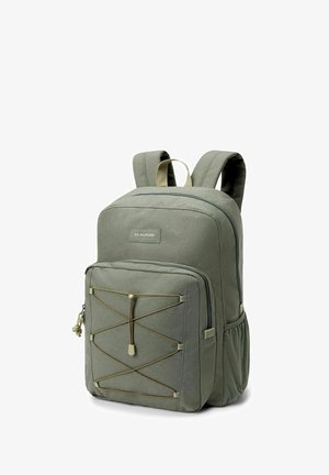 Green fabric backpack with padded straps, front zip pocket, and bungee cord detail. Features mesh side pocket and subtle logo.