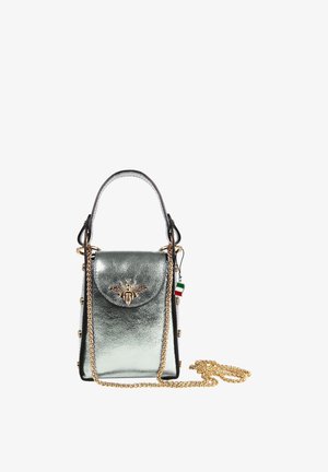 Small metallic silver handbag with a gold bee emblem on the flap, gold chain strap, and an Italian flag charm hanging on the side.