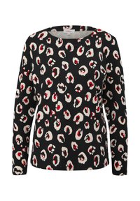 Schwarzes langärmliges Shirt mit unregelmäßigen cremefarbenen und roten Leopardenflecken überall, runder Ausschnitt und reguläre Passform.