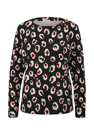 Schwarzes langärmliges Shirt mit unregelmäßigen cremefarbenen und roten Leopardenflecken überall, runder Ausschnitt und reguläre Passform.