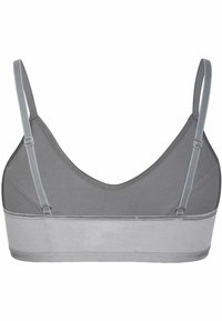 Grijze bralette met een naadloos design, verstelbare bandjes en een zachte elastische band. Het materiaal is soepel met een matte afwerking.