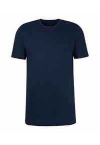 Gładka granatowa koszulka z krótkim rękawem i okrągłym dekoltem, bez widocznych logotypów ani wzorów, na białym tle.