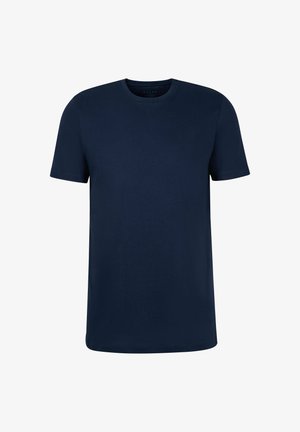 Plain navy blue short-sleeve crew neck T-shirt with no visible logos or patterns on a white background.