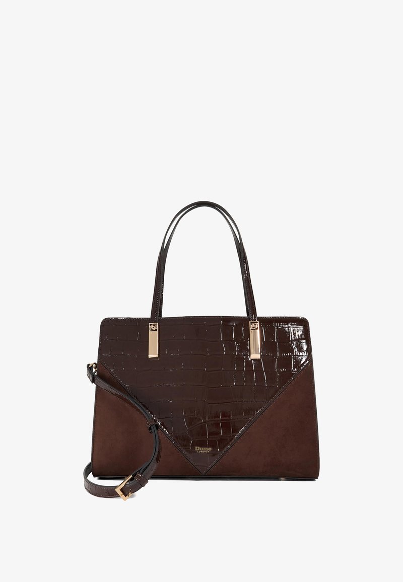Dark brown handbag featuring a mix of glossy faux-crocodile leather and matte suede, with dual handles and a detachable shoulder strap.
