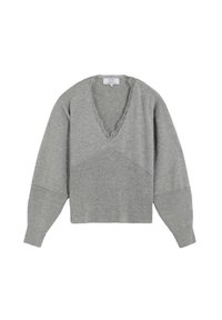 Jersey gris con escote en V, textura acanalada y mangas largas. Presenta un ribete de encaje alrededor del cuello y un ajuste relajado y corto.
