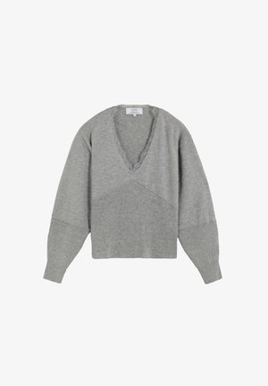 Jersey gris con escote en V, textura acanalada y mangas largas. Presenta un ribete de encaje alrededor del cuello y un ajuste relajado y corto.