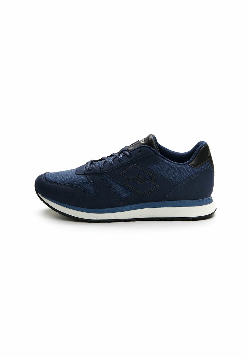 Navy athletic shoe with a smooth fabric upper and textured accents, featuring a white midsole and black rubber outsole. Lightweight and lace-up design.