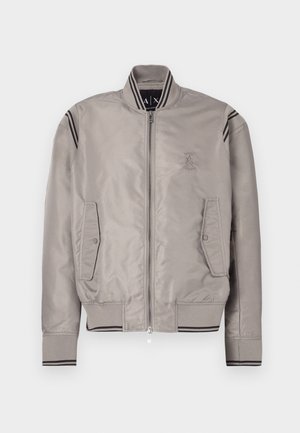 Light gray bomber jacket with a zip closure, ribbed cuffs, two front pockets, and black striped accents on the shoulders. Smooth, shiny material.