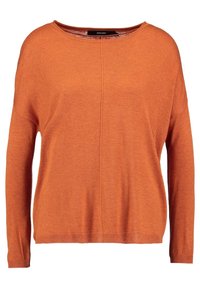 Orange lätt sweater med rund halsringning, långa ärmar och en avslappnad passform. Har en enkel stickad textur och mittendelssöm.