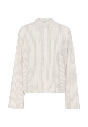 Light beige button-up shirt with a collar, long sleeves, and vertical narrow stripes. Made from a soft, textured fabric. Cropped design.
