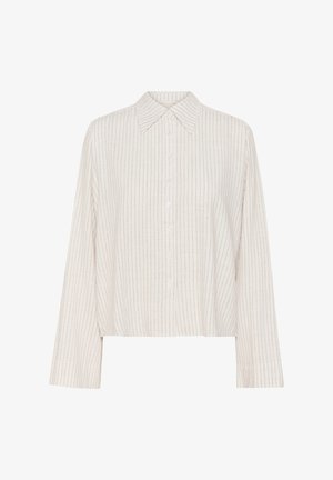 Chemise boutonnée beige clair avec col, manches longues et rayures verticales étroites. Fabriquée dans un tissu doux et texturé. Conception courte.