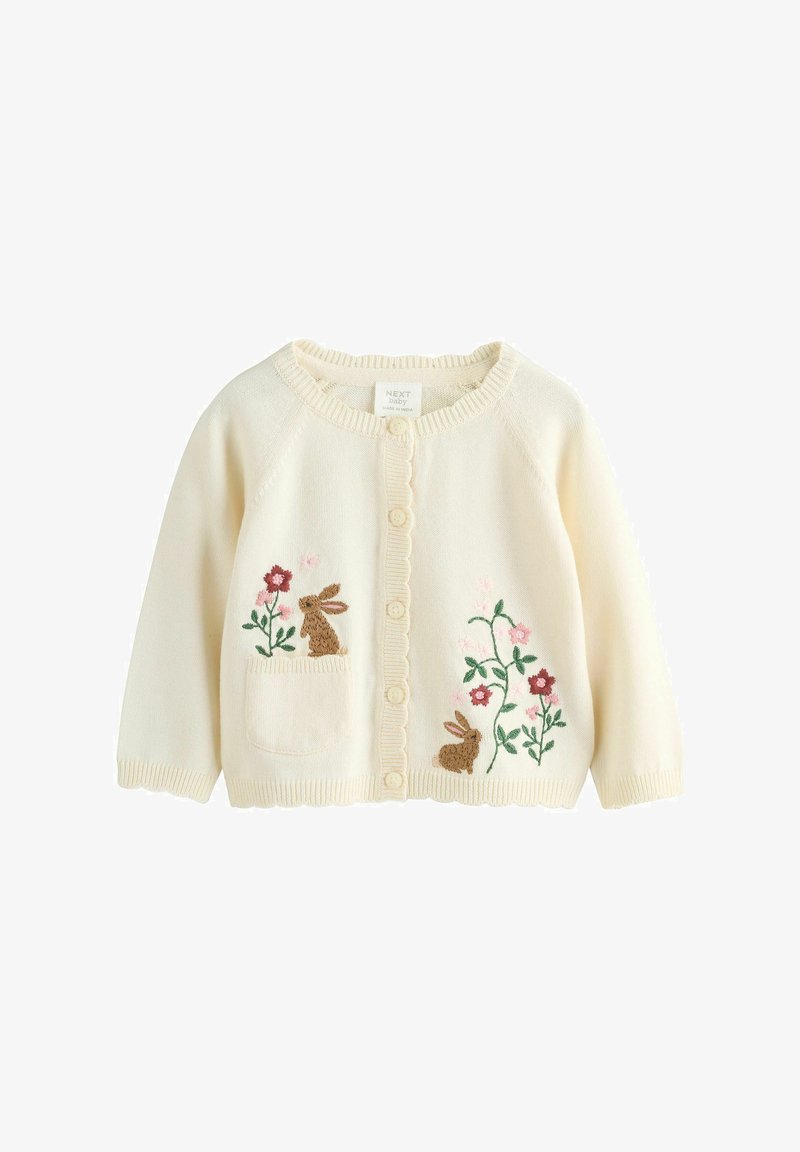 Cream baby cardigan with buttons, embroidered brown rabbits, pink and red flowers, and a small front pocket on the left side.
