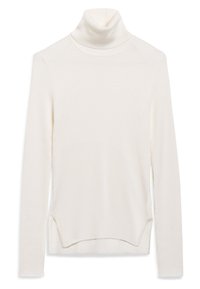 Pull à col roulé blanc côtelé avec manches longues ; présente une coupe ajustée et des fentes latérales à l'ourlet inférieur pour plus de liberté de mouvement et de confort.