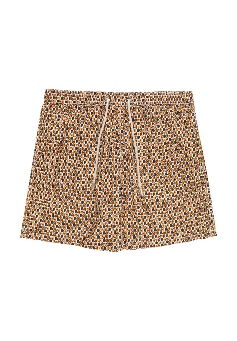 Un maillot de bain avec un motif circulaire orange et noir, une taille élastique avec cordon de serrage, et une texture de tissu léger.