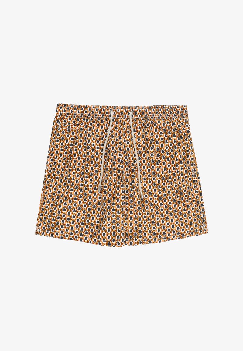 Un maillot de bain avec un motif circulaire orange et noir, une taille élastique avec cordon de serrage, et une texture de tissu léger.