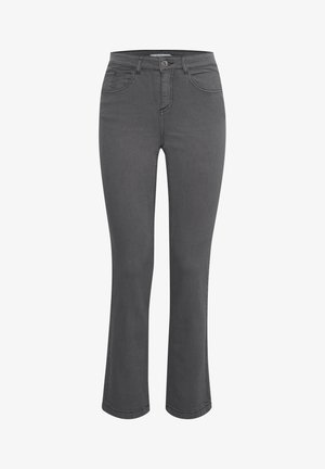 Jeans de mezclilla gris acampanados con cinco bolsillos, cierre de botón y costuras sutiles. Presentan una textura suave de peso medio.