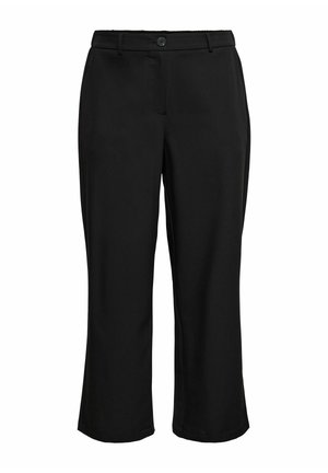 Pantalon noir à jambes droites avec fermeture à boutons, passants pour ceinture et poches latérales, conçu pour un cadre formel ou professionnel.