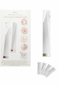 Sonic dermaplaner med kropp av vit plast, ribbad textur och guldaccent. Inkluderar fyra ersättningsblad av precision och förpackning med illustrationer.