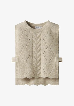 Maglione beige lavorato a maglia, caratterizzato da un motivo a trecce testurizzato e motivi a diamante, con scollatura rotonda e orlo a onde. Anelli di fissaggio laterali visibili.