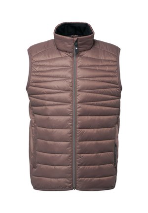 Brązowa kamizelka z wysokim kołnierzem i zamkiem błyskawicznym z przodu. Posiada poziome przeszycia pikowane oraz boczne kieszenie dla większej praktyczności.