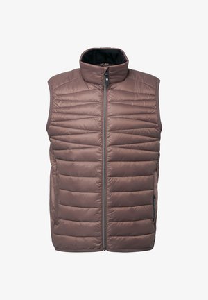 Polsterdatud pruun vest kõrge kraega ja esikinnitusega tõmblukuga. Omab horisontaalset tikitud mustrit ja küljetaskuid praktilisuse suurendamiseks.