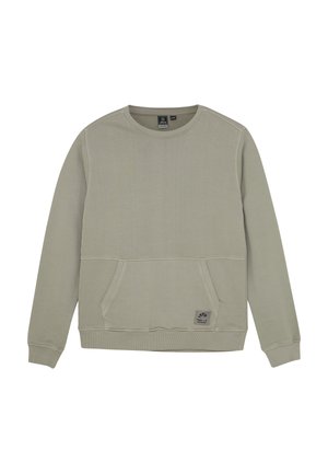 Helles grünes Sweatshirt aus strukturiertem Stoff, mit einer Fronttasche, gerippten Bündchen und einem Logo-Patch am Saum.