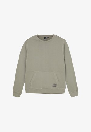 Sweatshirt vert clair en tissu texturé, avec une poche frontale, des poignets côtelés et un patch logo à l'ourlet.