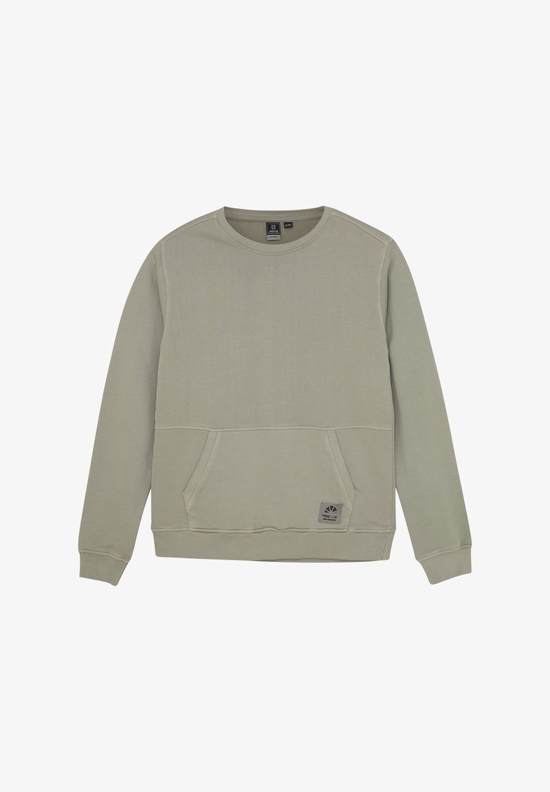 Jasnozielona bluza z teksturowanej tkaniny, z przednią kieszenią, ściągaczami u dołu i naszywką z logo na dole.