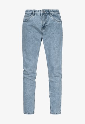 Light blue denim jeans with a faded appearance, tapered leg design, five-pocket style, and button fly closure.