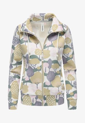 Veste zippée avec un mélange de couleurs pastel et de motifs d'arbres. Fabriquée en matériau doux, elle possède un col montant et des cordons de serrage.