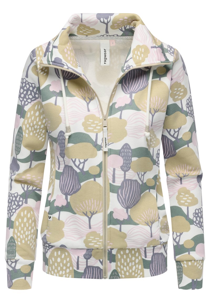 Giacca con zip caratterizzata da un mix di colori pastello e motivi di alberi. Realizzata in materiale morbido, presenta un colletto alto e cordoncini di regolazione.